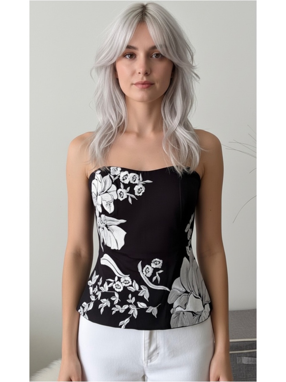 WHBM Embroidered Floral Sleeveless Bustier Top